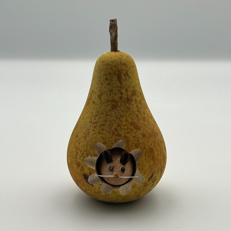 Hand painted wooden red mouldy apple with small brown stems.